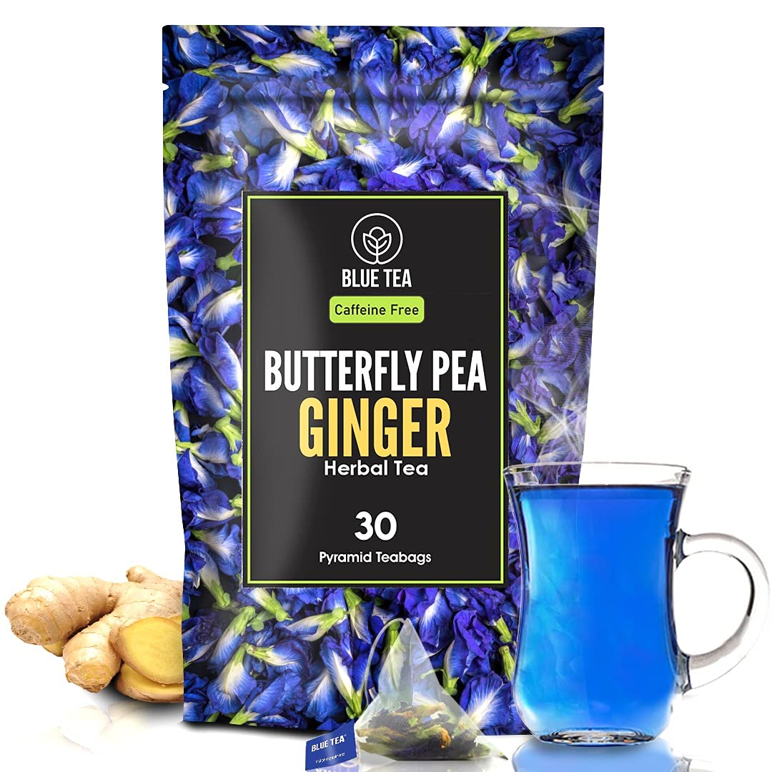BLUE TEA - Butterfly Pea Flower Ginger Tea - 30 Tea Bags - Plant Based | Aparajita - Shankhpushpi | Flower Based - Herbal Tea - Caffeine Free - Detox Tea - Non Bitter | Premium Zipper Pack
