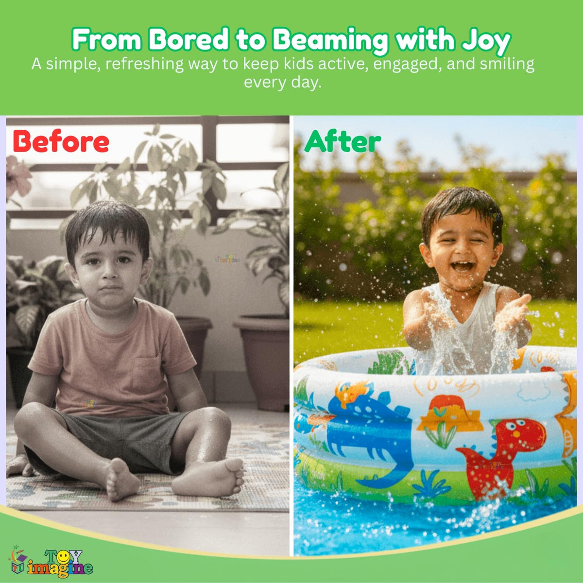 Toy Imagine Swimming Pool for Kids | 3-Ring Baby Bath Tub for Kids 3–6 Years | Portable Inflatable Kiddie Pool Indoor & Outdoor Water Fun | Perfect for Holi & Summer Play Dino Buddies (2 feet)