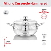 Vinod Stainless Steel Milano Hammered Serving Casserole with Steel Lid & Side Handle 1630 ml, 18 cm