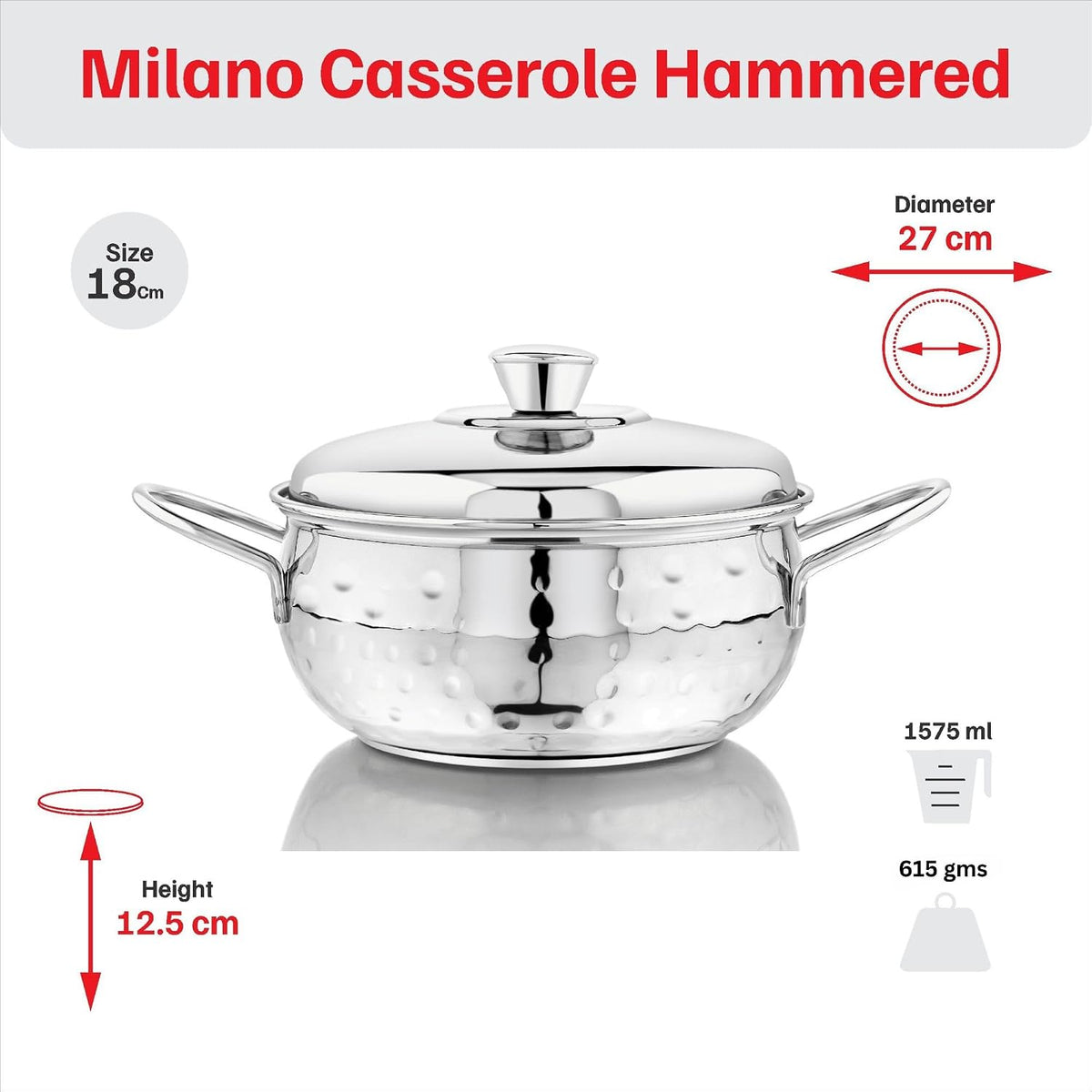 Vinod Stainless Steel Milano Hammered Serving Casserole with Steel Lid & Side Handle 1630 ml, 18 cm