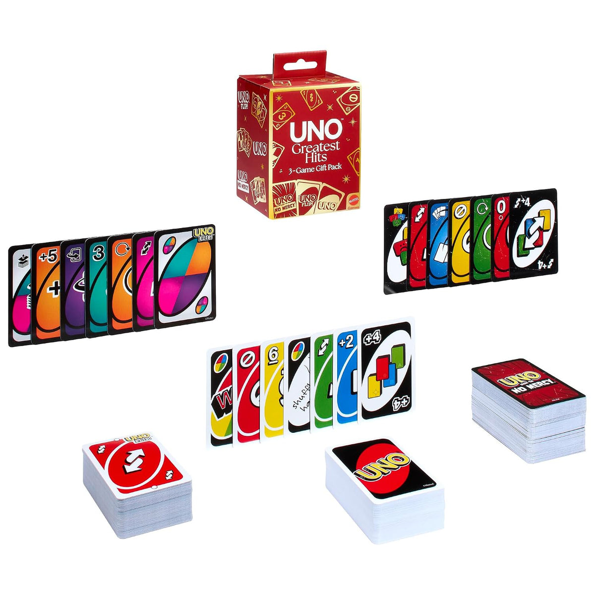 Mattel Games UNO Greatest Hits Gift Pack with 3 Card Games, UNO, UNO Flip & UNO Show ‘em No Mercy for Kids, Teens, Grown-Ups & Family Nights & Parties