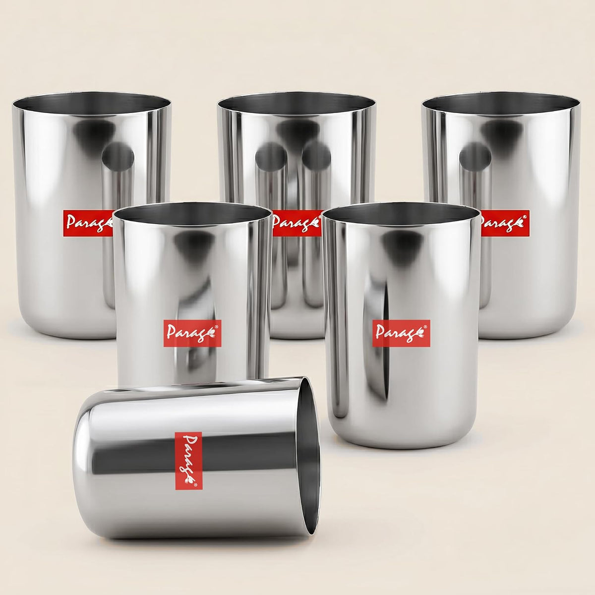 Parage 6 Pieces Stainless Steel Heavy Gauge Glass Set/Scratch Resistant, Serving Glass/ 300ml Glass for Water & Juice (Silver, Dia 6.5 cm, Hight 10 cm)