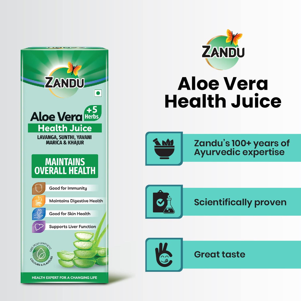 Zandu Aloe Vera + 5 Herbs Health Juice | Ayurvedic Immunity Booster | Good for Digestive Health, Skin Health & Liver Function | No Added Sugar (1000ml)