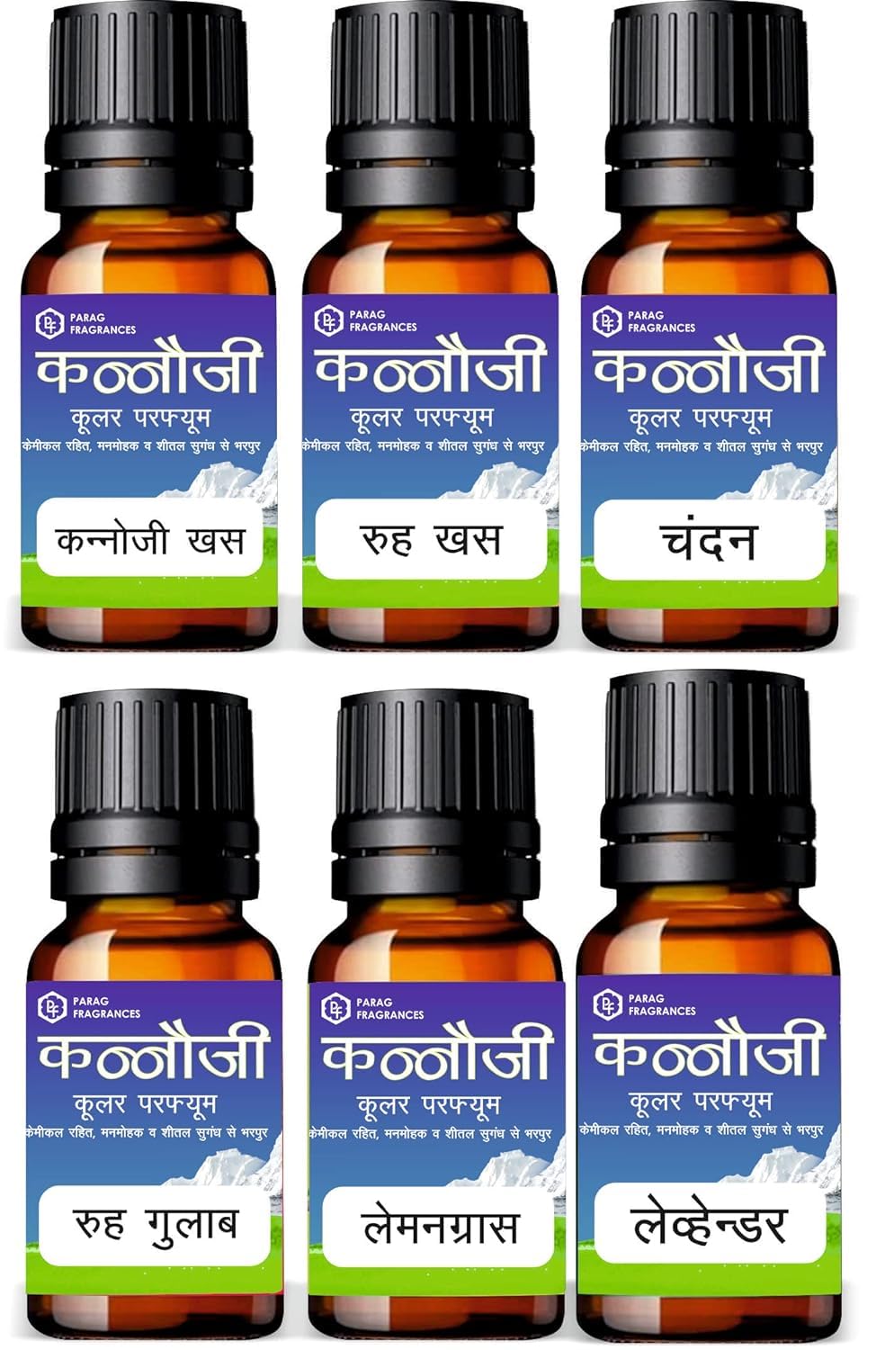 Parag Fragrances Kannauji Cooler Perfume 6 in 1 combo Kannauji Khus, Ruh Khus, Chandan, Ruh Gulab, Lamongrass & Lavender
