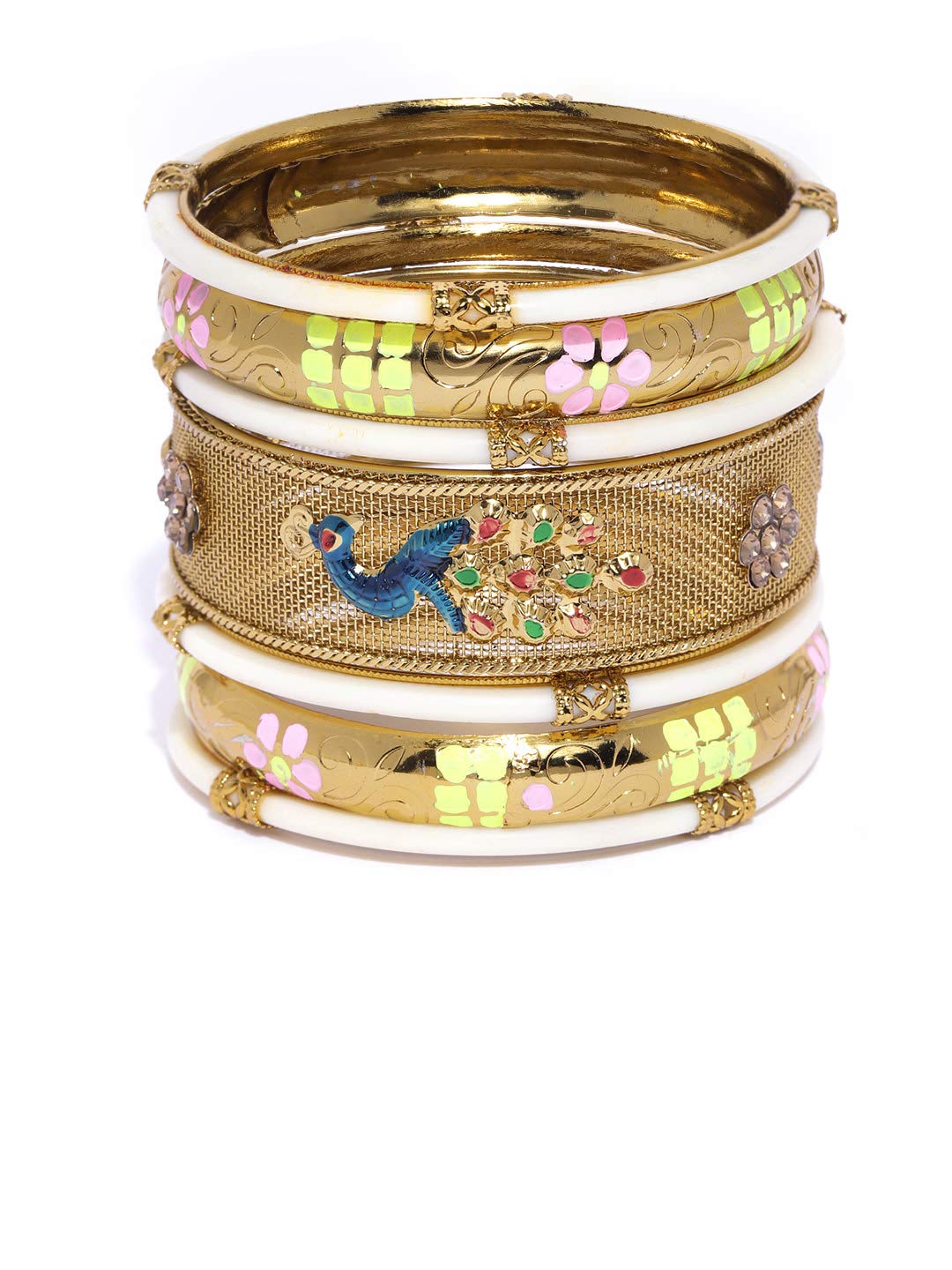 Priyaasi Set of 7 Gold-Plated Peacock Inspired Meenakari Bangles