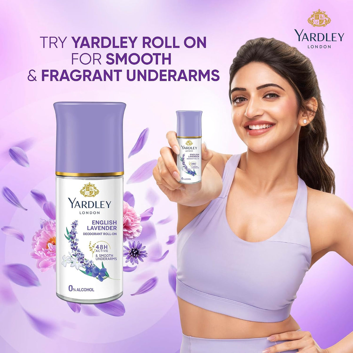 Yardley London English Lavender Underarm Deodorant Roll On | With Licorirce Extract & Floral Extracts | Smooth & Eventoned Underarms | 72 H Long Lasting Floral Scent| 0% Alcohol & Dermat Approved | For Women | 50ml