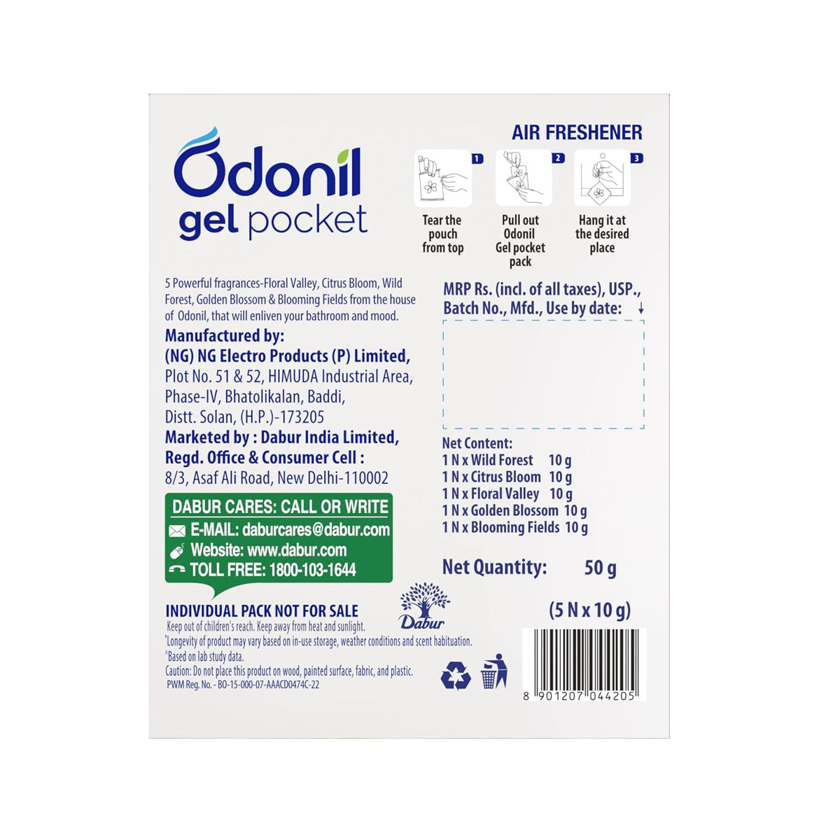 Odonil Gel Pocket – 50g (10g X5) | Pack of 5 Assorted Fragrances | Infused with Essential Oils | Germ Protection | Lasts Up to 30 Days | Air Freshener for Bathroom, Toilet, Home & Office.