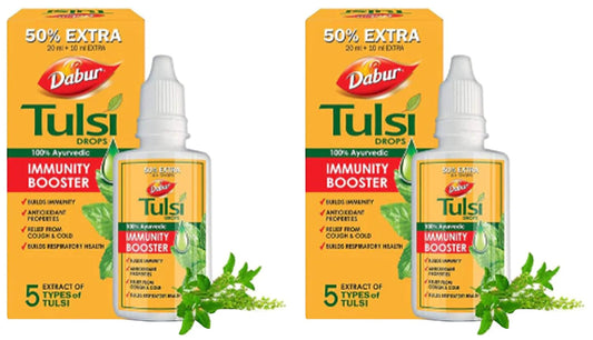 Dabur Tulsi Drops : 30ml (20ml + 10ml Free) | Contains Extracts of 5 Rare Tulsi | Boosts Immunity | Cough And Cold Relief | 100% Ayurvedic | Builds Respiratory Health (Pack of 2)