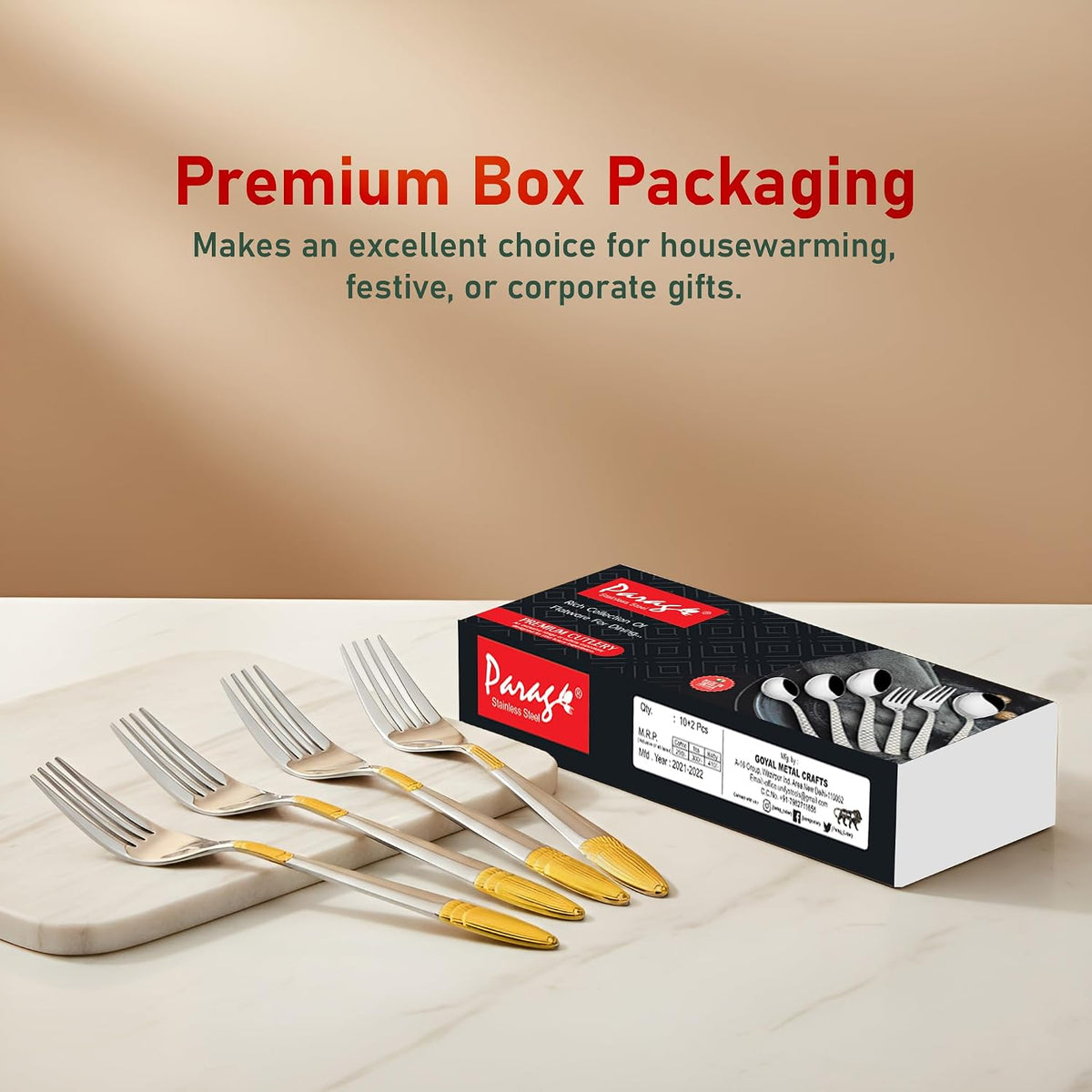 Parage 6 Pieces Stainless Steel 24k Golden Dinner Forks Set, 16 cm Premium Cutlery Set for Home & Kitchen, Luxury Dining Tableware Gift for House Warming,24 Karat Gold Plated Forks, Ivory Design