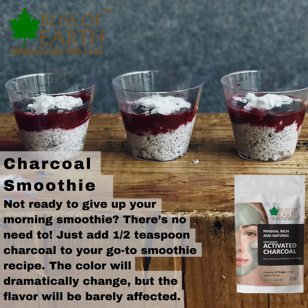 Bliss of Earth Coconut Shell Activated Charcoal Powder 3x 100GM Pack Of 3