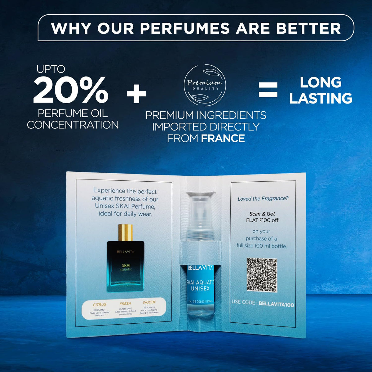 Bella Vita Luxury Skai Aquatic Unisex Eau De Cologne with Bergamot, Lavender & Patchouli|Premium, Long Lasting Woody Fragrance for Men & Women, 5ML
