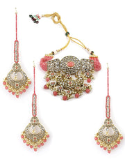 Priyaasi Pink Pearls Beads Kundan Gold Plated Traditional MaangTika Choker, One Size (NL-PR-10407)