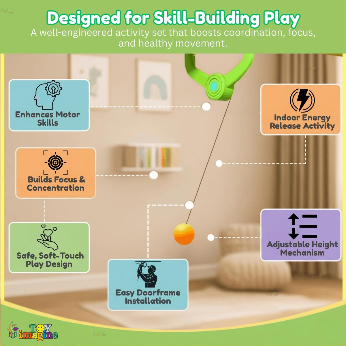 Toy Imagine Indoor Hanging Table Tennis Trainer for Kids Age 5-14 | Door Mounted Ping Pong Game Set with 2 Rackets 6 Balls | Indoor Sports Game for Boys and Girls Home Play Activity