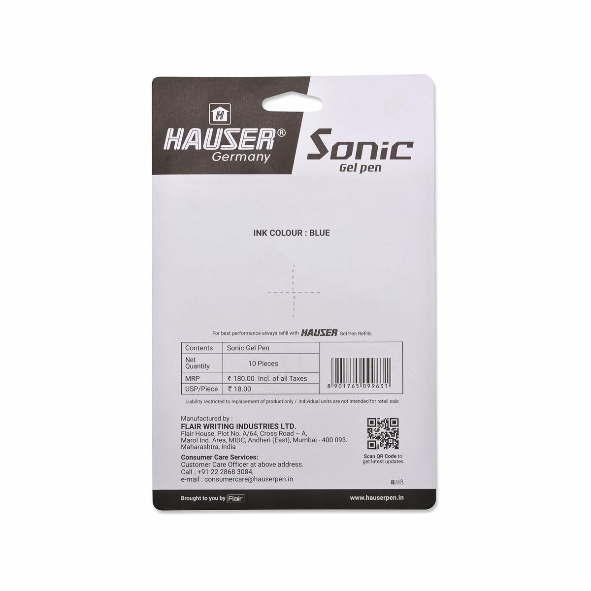 Hauser Sonic X Gel Pen Card Pack | Water Proof Ink For Smooth Flow System | Comfortable Grip With Smudge Free Writing | Sturdy Refillable Pen | Blue Ink, Set Of 10 Pens x 2 Packs
