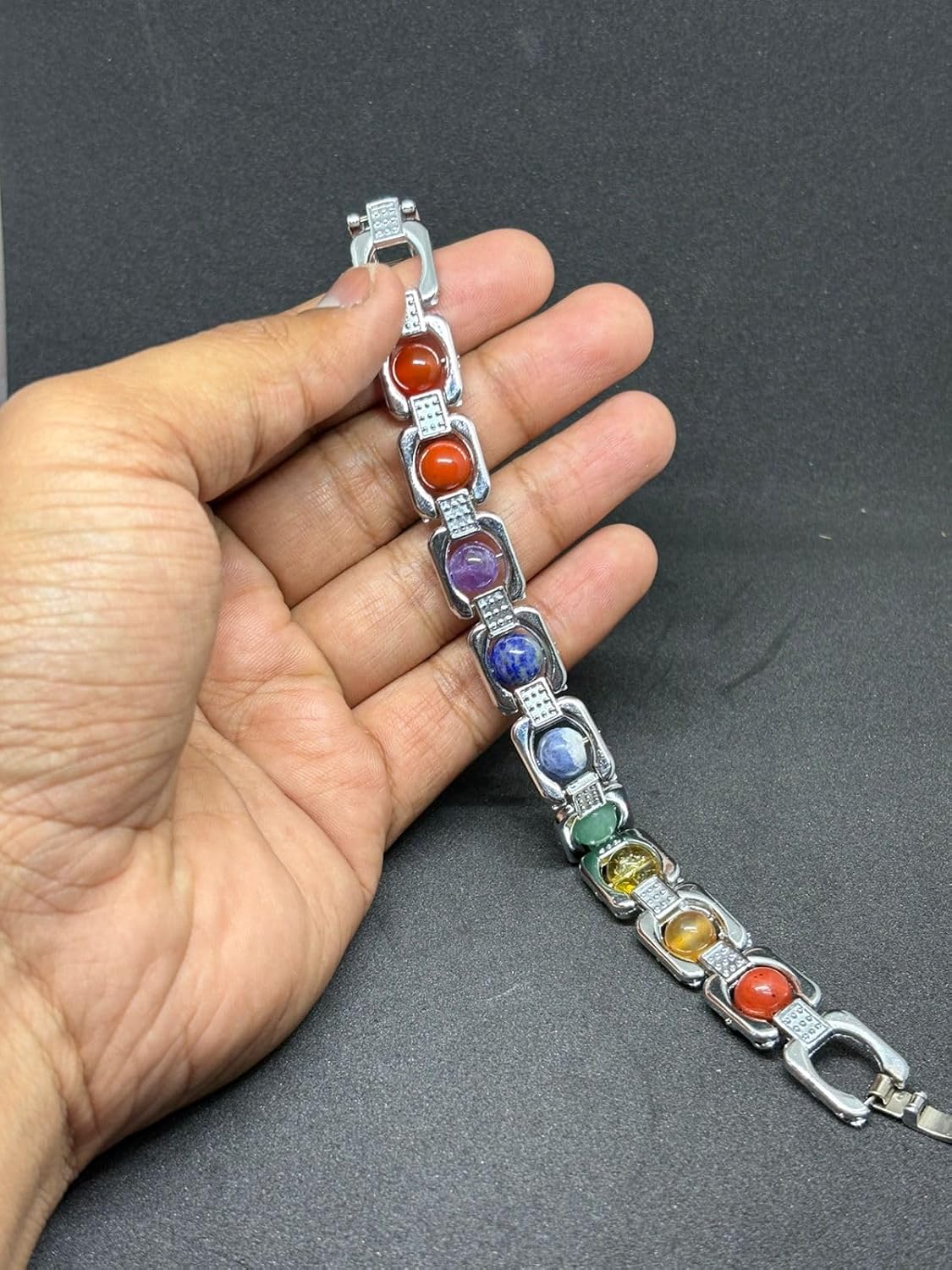RUDRADIVINE Natural Chakra Stone Bracelet Silver Tone Energy Jewelry