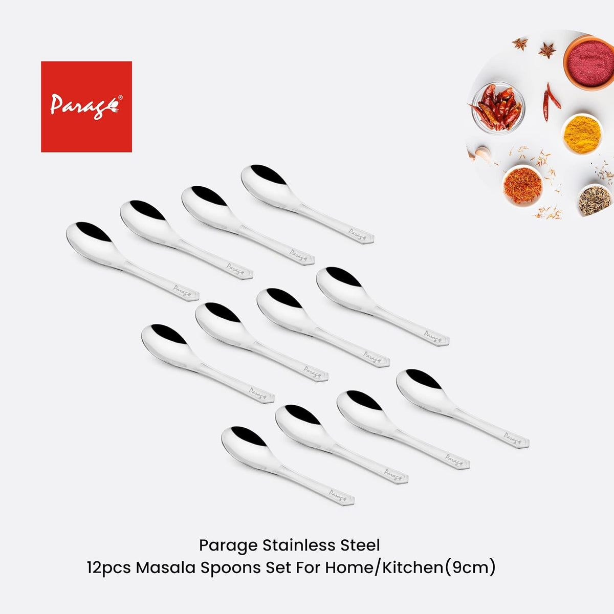 Parage 12 Pieces Stainless Steel Small Spoons for Container/Spice Jars | Masala Spoons | Small Spoon for Spices | Spoon Set | 12 mini | Length 9 cm | Silver