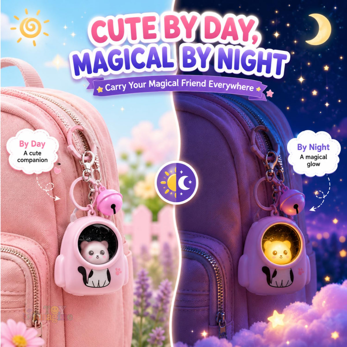 Toy Imagine Cute LED Glowing Animal Keychain for Kids (Pack of 4) Kawaii Cat Astronaut Bag Charm with Bell Backpack & School Bag Accessory Return Birthday Gift for Girls, Boys, Teens (Random Designs)
