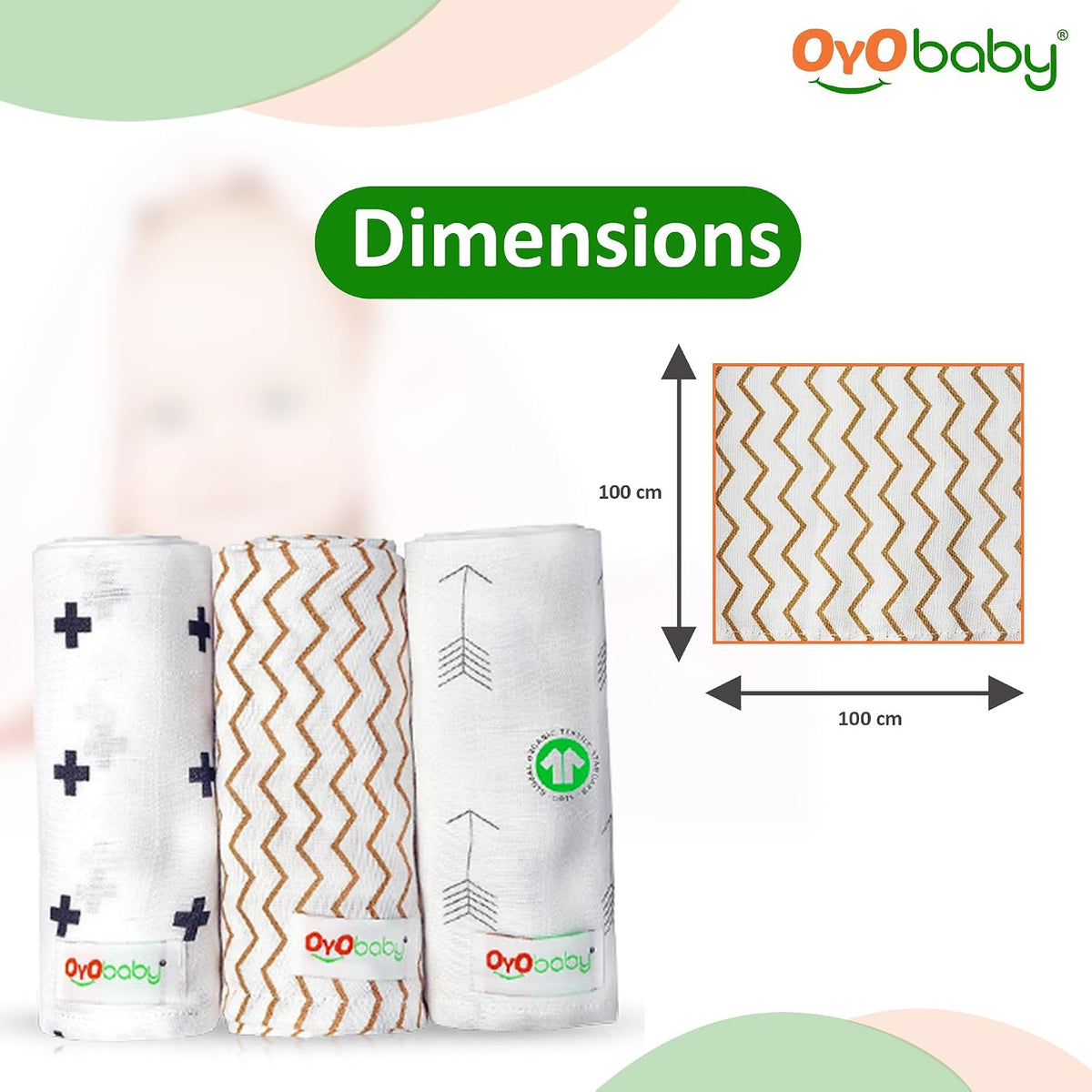OYO BABY Premium Muslin Cotton Cloth, Baby Washcloths – Extra Soft, Absorbent & Reusable Face Towels for Newborns, Pack of 3 -White | Printed, 100x100cm | 0-18 Months