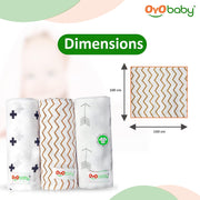 OYO BABY Premium Muslin Cotton Cloth, Baby Washcloths – Extra Soft, Absorbent & Reusable Face Towels for Newborns, Pack of 3 -White | Printed, 100x100cm | 0-18 Months