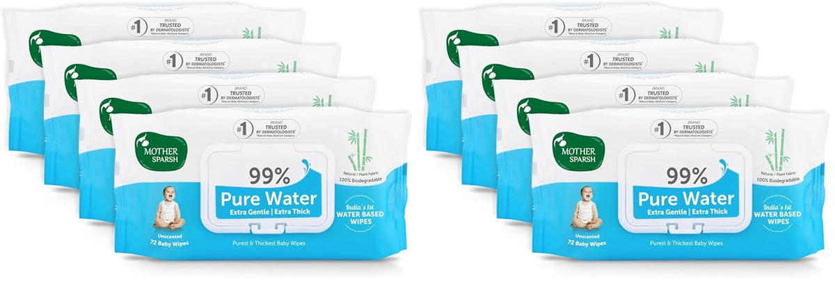 Mother Sparsh Unscented 99% Pure Water (Unscented) Baby Wipes, 72 Baby Wipes, Blue (Pack of 8)