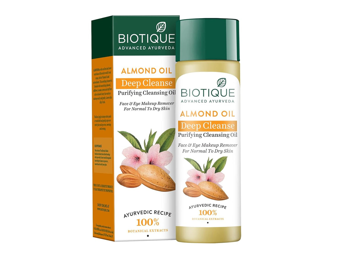 Biotique Almonmd Oil Deep Cleanse Purifying Cleansing Oil Face & Eye Makeup Remover For Normal to Dry Skin, 120ml & Biotique Bio Fruit Whitening/Brightening Lip Balm, 12g