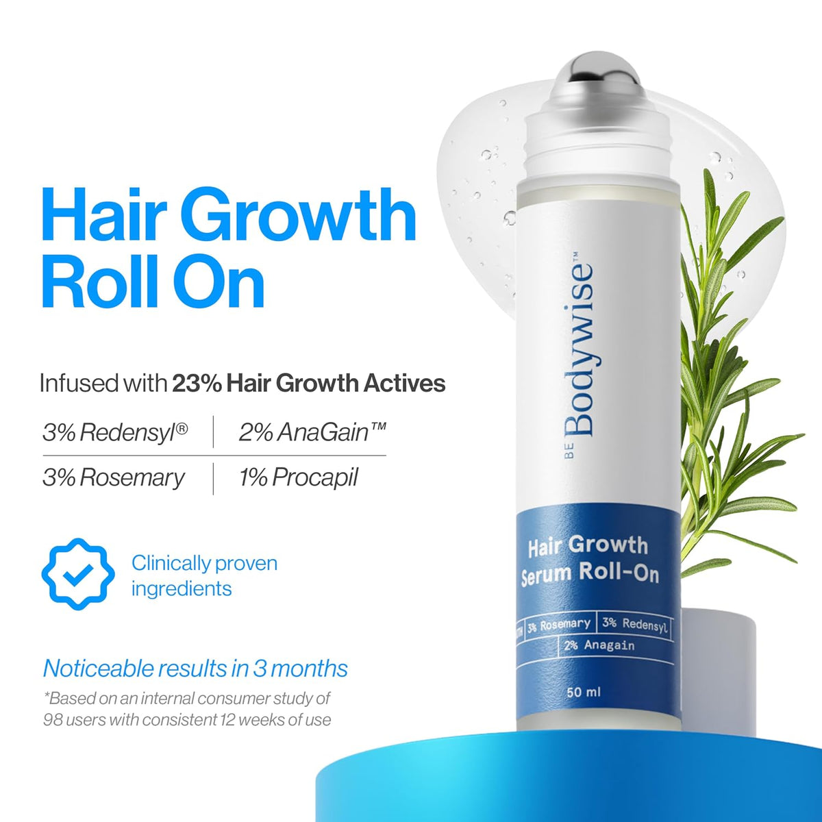 Be Bodywise 3% Redensyl & Rosemary Hair Growth Serum (Roll On) | Pack of 2 |with 2% Anagain | Thicker & Stronger Hair | Prevents Hairfall & Stimulates Hair Follicles | For All Hair Types | 50ml each