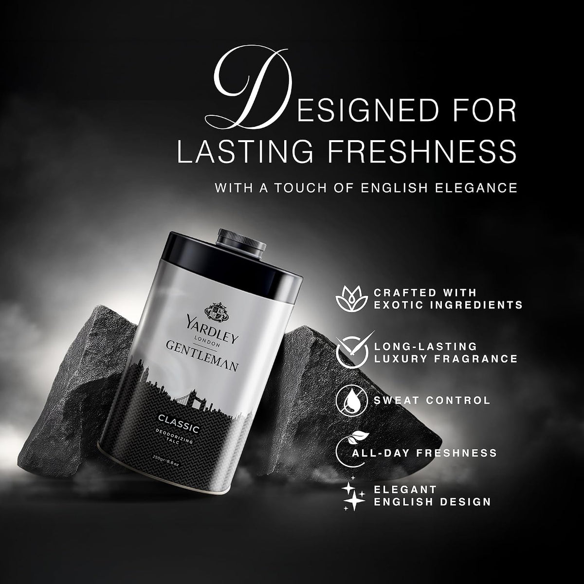 Yardley London Gentleman Classic Deodorizing Talc Spray for Men with Calcium, Carbonate, Magnisum, Carbonate, Fragrance, Dipropylene Glycol, Calcium, Silicate, Triclosan, Pack of 1, 250g