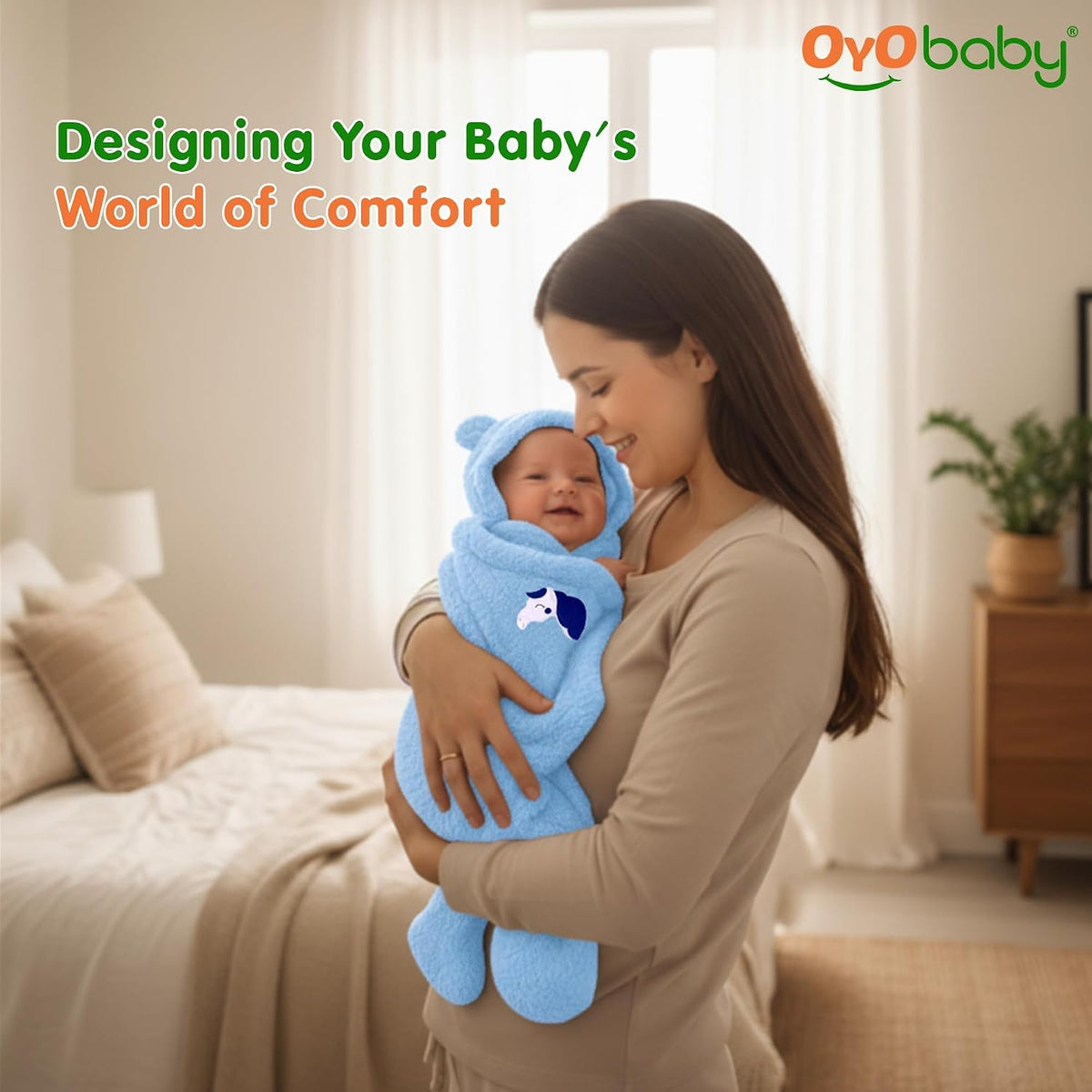 OYO BABY Hooded Swaddle Blanket for Newborns | Super Soft Flannel Wearable Sleeping Bag Wrap | Warm, Cozy & Breathable | Easy Wrap Design | 0–6 Months (72x68 cm) | Unicorn Blue
