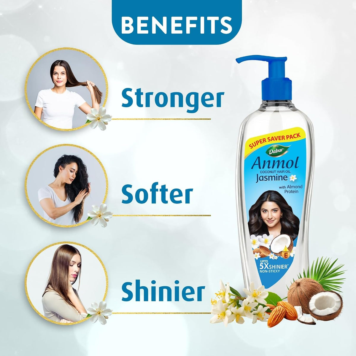 Dabur Anmol Jasmine Coconut Hair Oil, 475ml |Strong, Soft & Shiny Hair (Pack of 1)