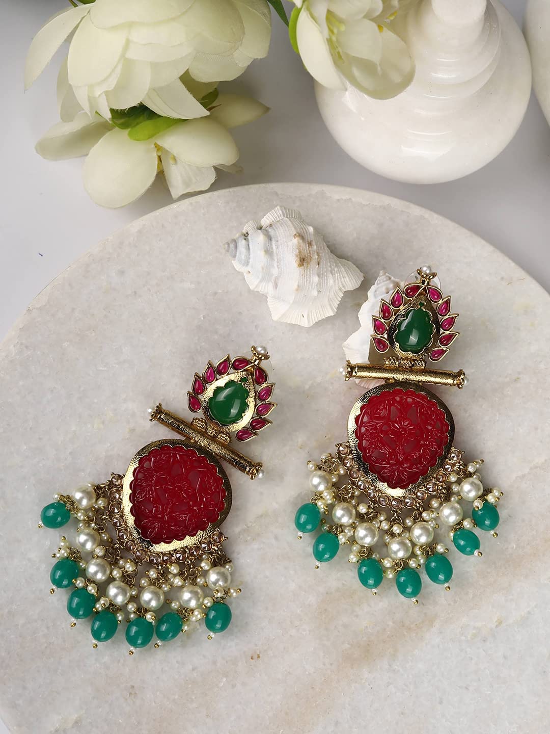 Priyaasi Red & Green Beaded Earrings for Women | Drop of Pearls | Stone-Studded | Gold-Plated | Brass Metal | Pushback Closure | Ethnic Earrings for Women & Girls - Party, Festivals, Weddding, Sangeet