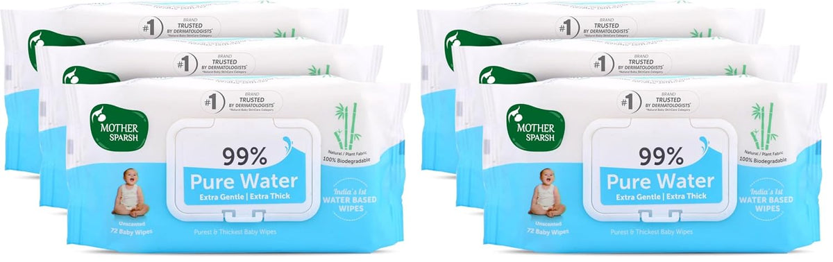 Mother Sparsh 99% Pure Water (Unscented) Baby Wipes I Natural Plant Made Cloth - Super Thick I 72pcs/Pack - Pack Of 6