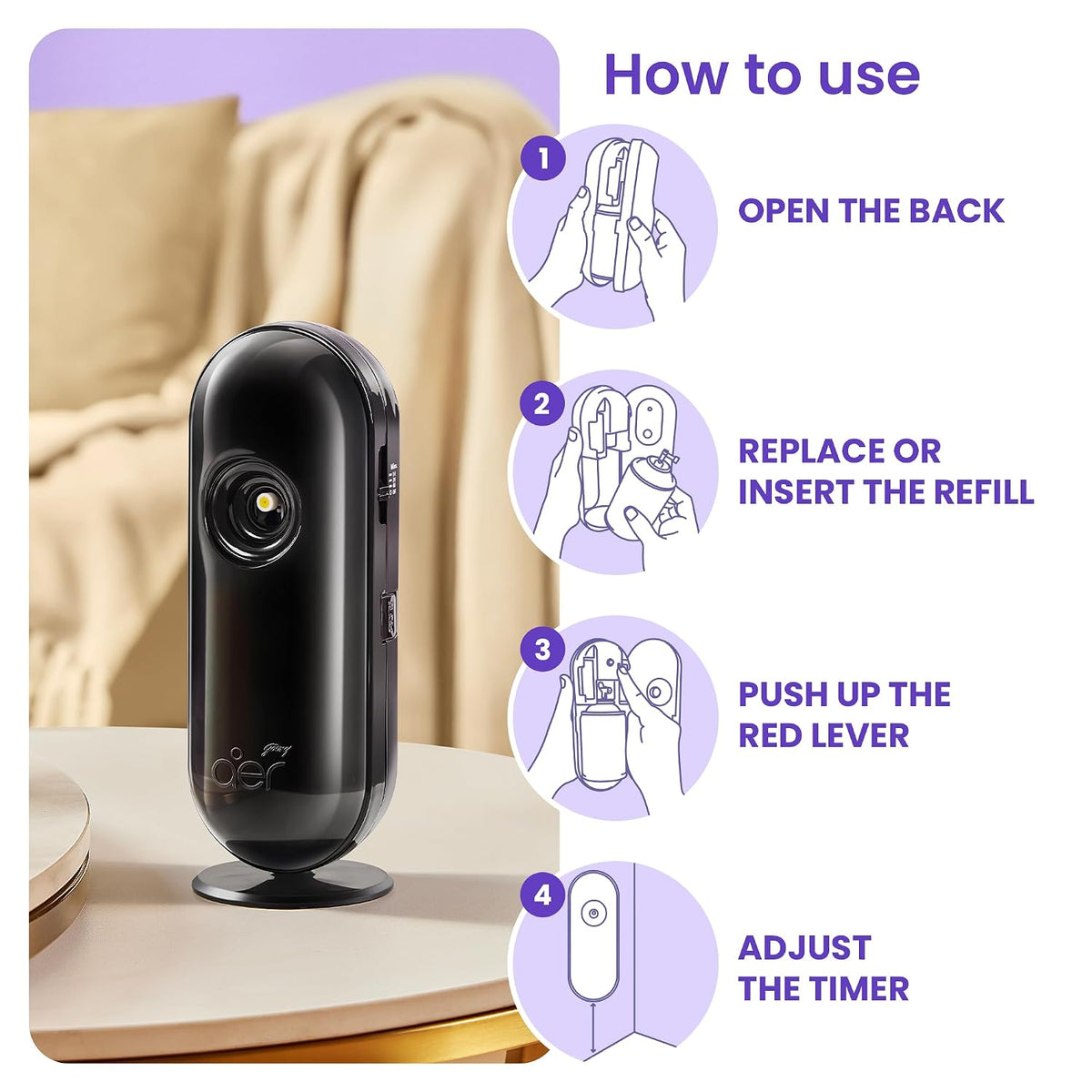 Godrej aer Matic Kit (Machine + Refill) - Automatic Room Fresheners with Flexi Control Spray | Lavender Bloom | 2000 Sprays Guaranteed | Lasts up to 60 days (210ml)