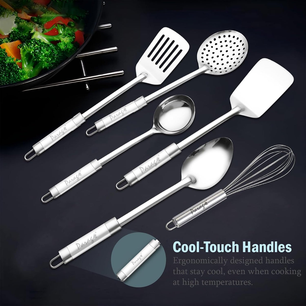Parage 6 Pieces Stainless Steel Kitchen Tools for Cooking & Serving, Basting Spoon (Chamcha), Ladle(Karchhi), Slotted Turner, Skimmer(Jhara), Turner/Spatula (Palta), Blending Egg Whisk, Silver