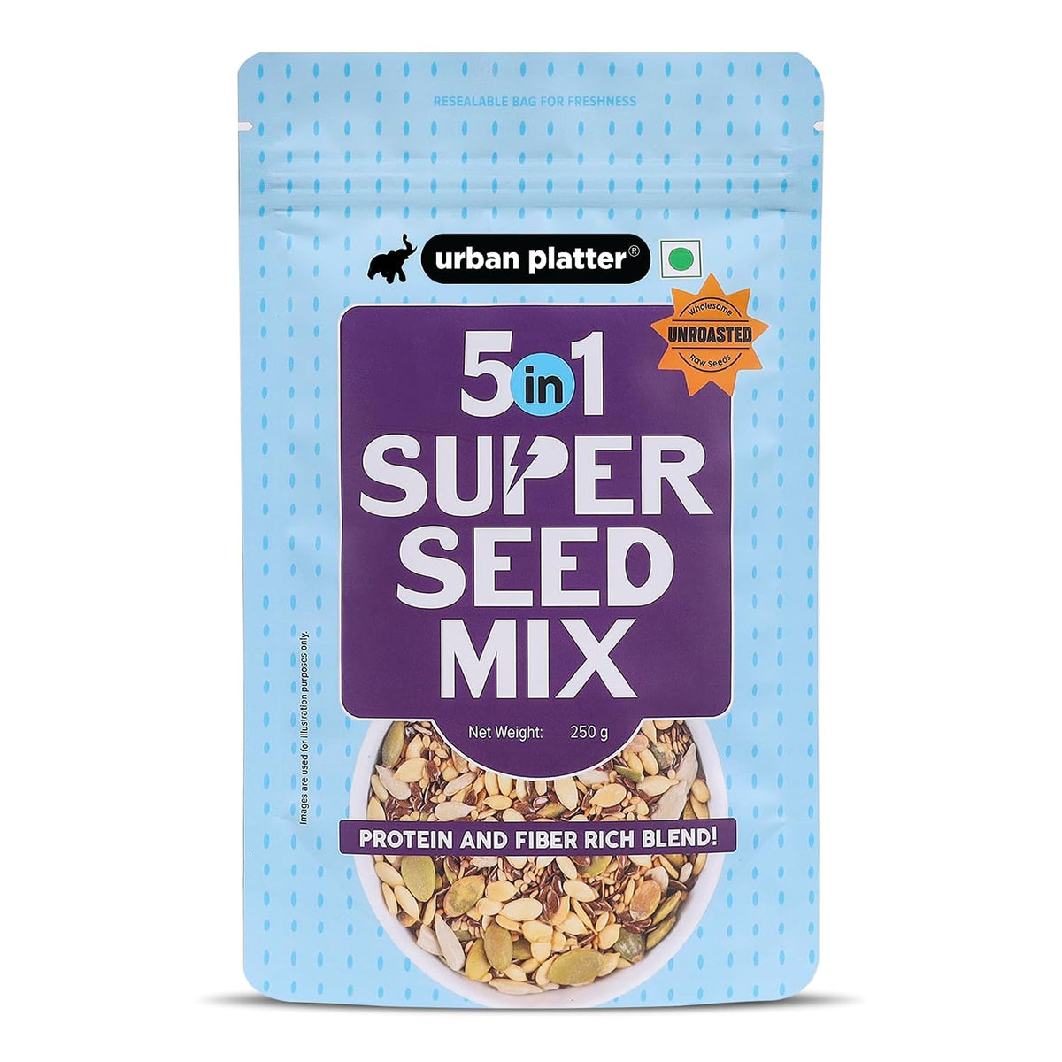 Urban Platter Unroasted 5-in-1 Super Seed Mix, 250g (High Protein & Fiber | Pumpkin, Sunflower, Watermelon, Sesame & Flax Seed Blend | Raw & Ready-to-Eat Superfood Snack)