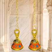 DSH Pure Brass Hanging Bell with Chain for Temple Mandir Door Home Decorative Ringing Bell (Orange, 2)