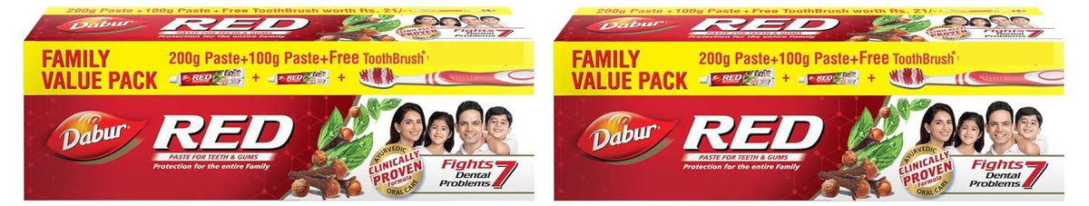 DABUR Red Toothpaste - 300G Family Pack With Toothbrush | World's No.1 Ayurvedic Paste | Fluoride Free| Helps In Bad Breath Treatment, Cavity Protection, Plaque Removal |13 Potent Ayurvedic Herbs