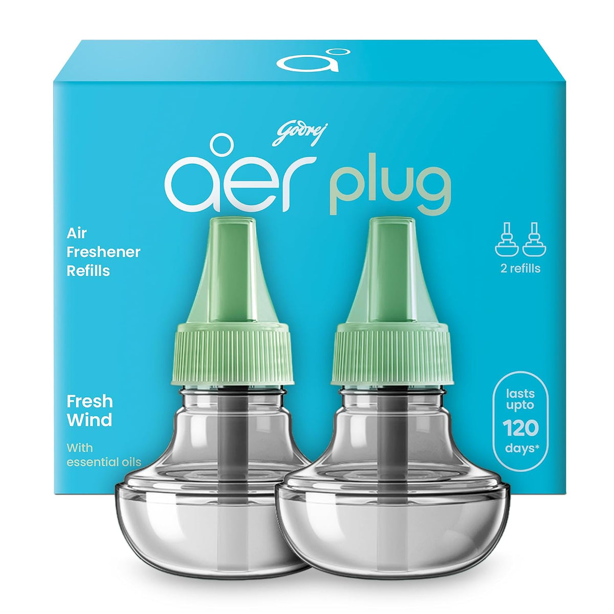 Godrej aer Plug Electric Air Freshener 2 Refills (25ml each) | Fresh Wind | Lasts up to 120 days