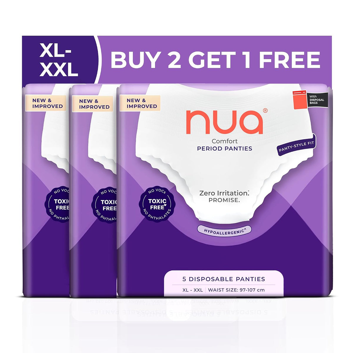 Nua 360° Comfort Period Pads (XL-XXL) | 15 Period Pads Pack of 3 | Ultra-Absorbent | Zero Irritation | 4x Comfort | For Heavy Flow | No rashes | Leakproof | Seamless | 100% Toxic-Free, Dermatologically Tested