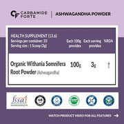 Carbamide Forte CF 100% Organic Ashwagandha Powder - Withania Somnifera - USDA Certified Organic Ashwagandha for Vitality, Strength & Stress Management - 100g Veg Powder (Pack of 2)