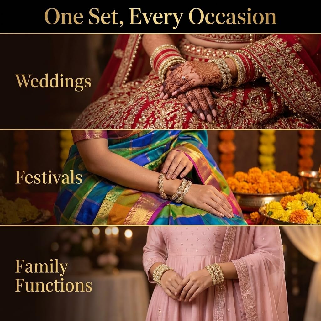 NMII Gold Plated Metal with Zircon Stone Bangles Pacheli Style Trendy Kada Set For Girls & Women | Traditional Rajwadi Bangles | Women's Bangles Bracelet | Kada For Women- Set of 2
