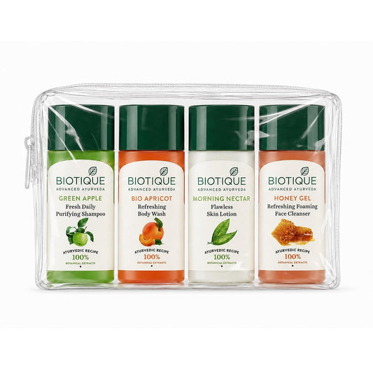 Biotique Travel Kit | Includes Green Apple, Bio Apricot, Morning Nectar & Honey Gel | Mini Skincare & Haircare Essentials for Travel | Enriched with 100% Botanical Extracts