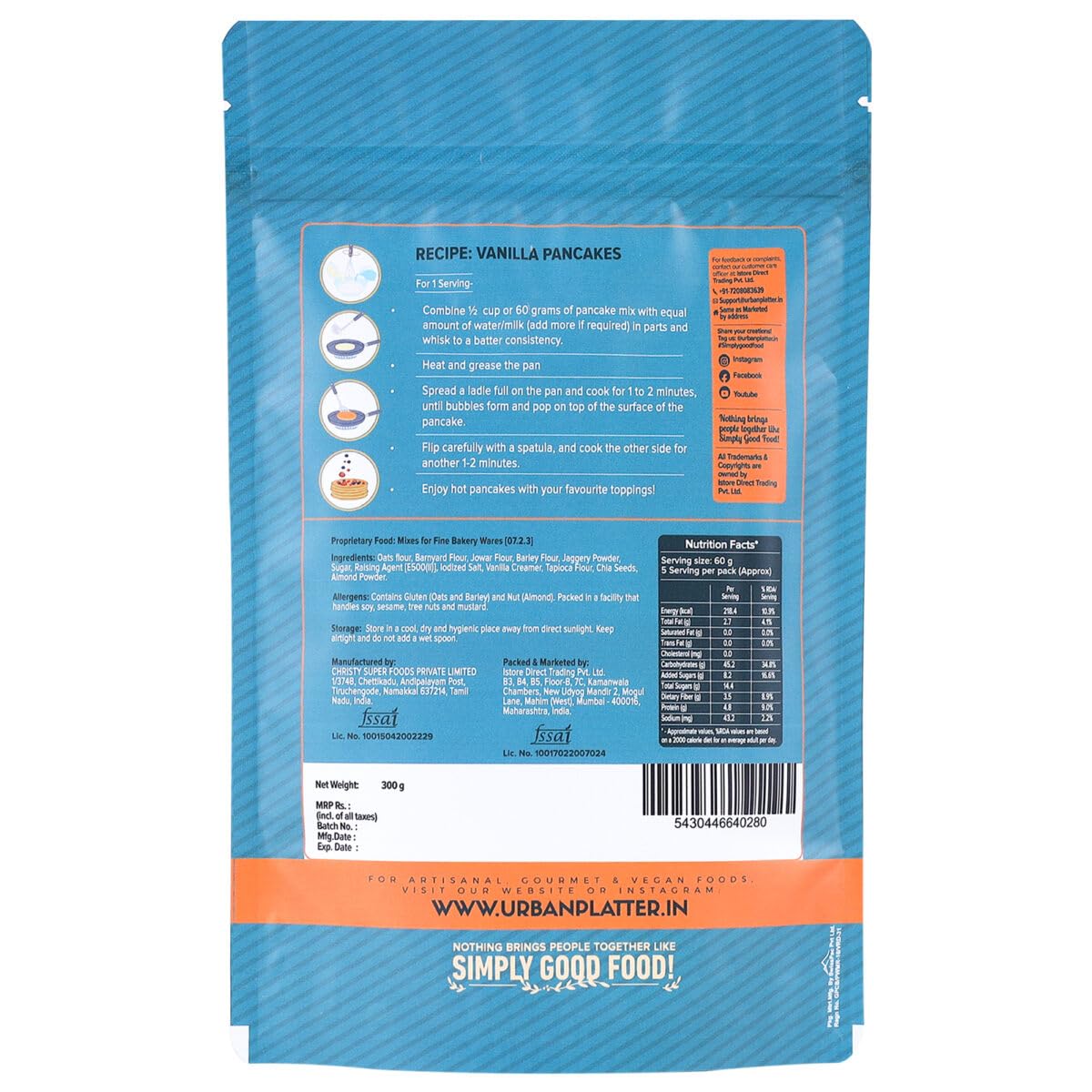 Urban Platter Vanilla Pancake Mix, 300g (Refined Flour Free | Instant Mix | Breakfast Essential)