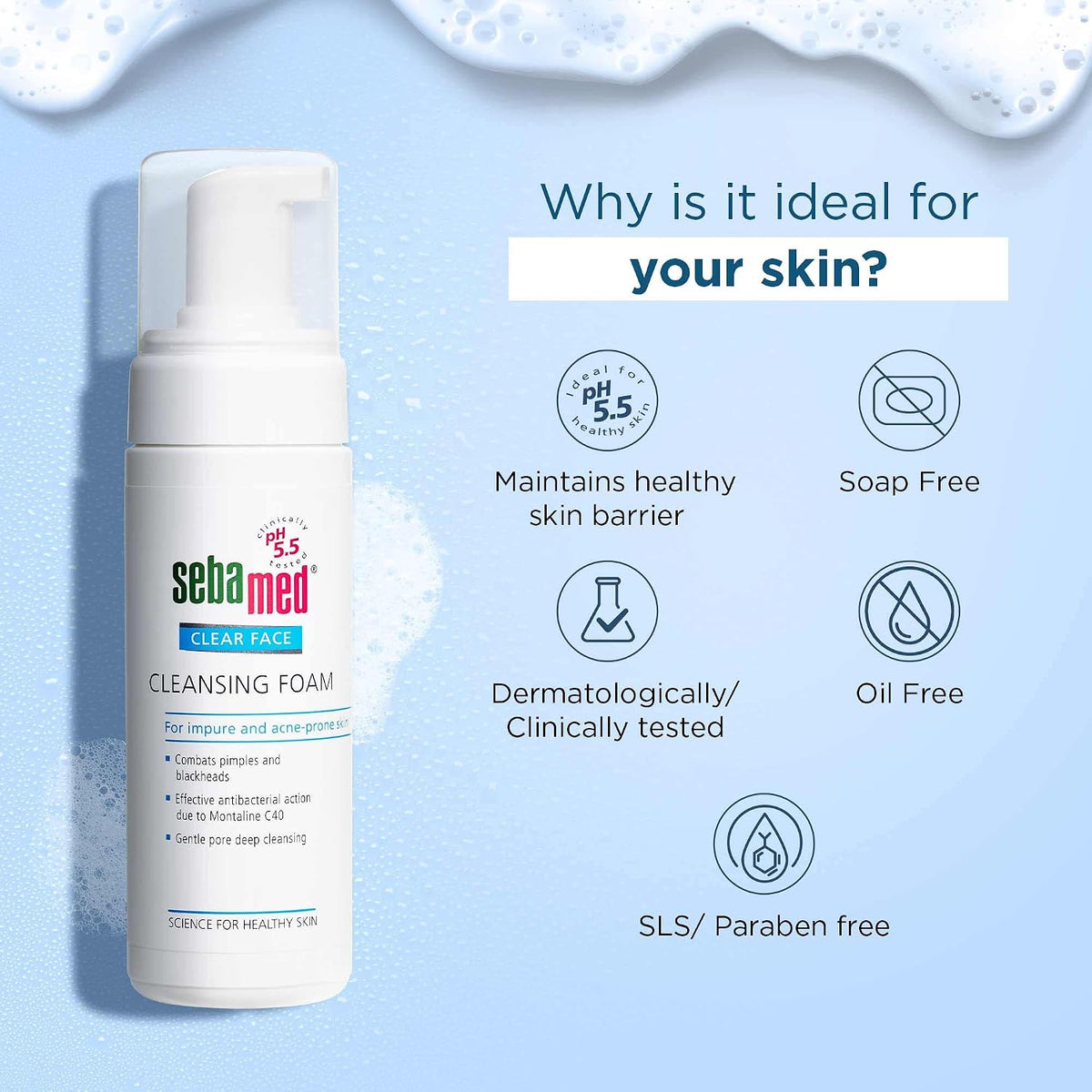 Sebamed Clear Face Cleansing Foam| pH 5.5 | Combats pimples with Montaline C40 | Deep pore cleansing | Dermatologically & clinically tested | 150ml (Pack of 2)