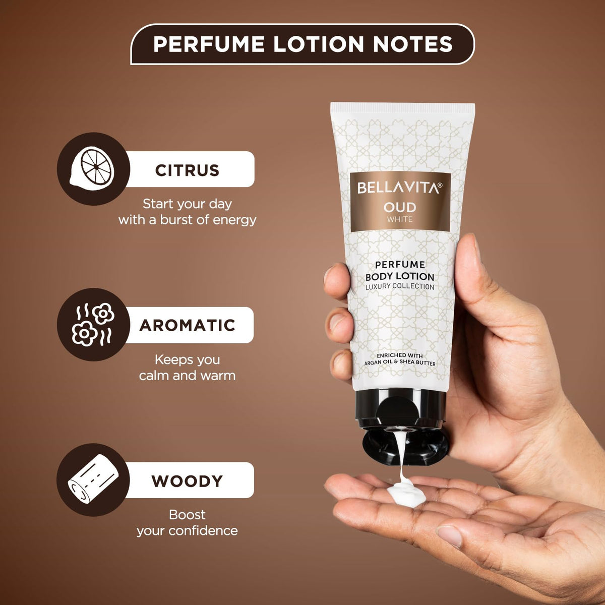 Bella Vita Luxury OUD WHITE Perfume Body Lotion for Nourishing, Hydrating, Soft, Supple,Healthy Skin with Argan Oil and Shea Butter 200 Ml