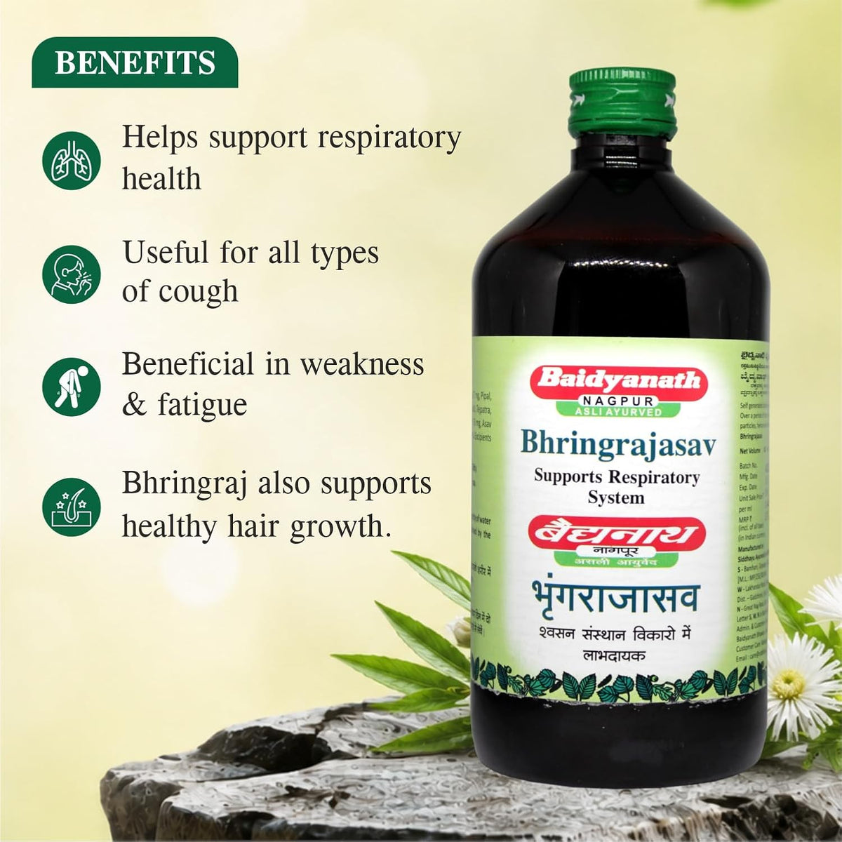 Baidyanath Asli Ayurved Bhringrajasava 450 ml - Ayurvedic Formula for Healthy Hair Growth, Liver Wellness, Cough Relief & Digestive Health | The Ultimate Herbal Solution for Respiratory Health, Blood Purification | Helps in Hairfall & Premature Greying