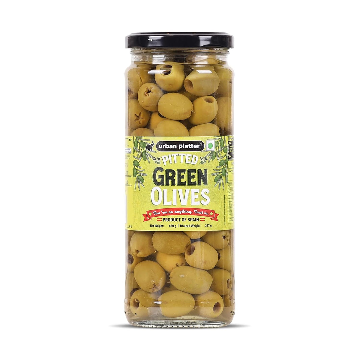 Urban Platter Pitted Green Spanish Olives, 430g (Whole & Seedless | Crisp & Tangy Mediterranean Flavour | Great for Salads, Mezze, Sandwiches & Snacking)