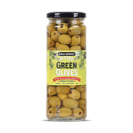 Urban Platter Pitted Green Spanish Olives, 430g (Whole & Seedless | Crisp & Tangy Mediterranean Flavour | Great for Salads, Mezze, Sandwiches & Snacking)