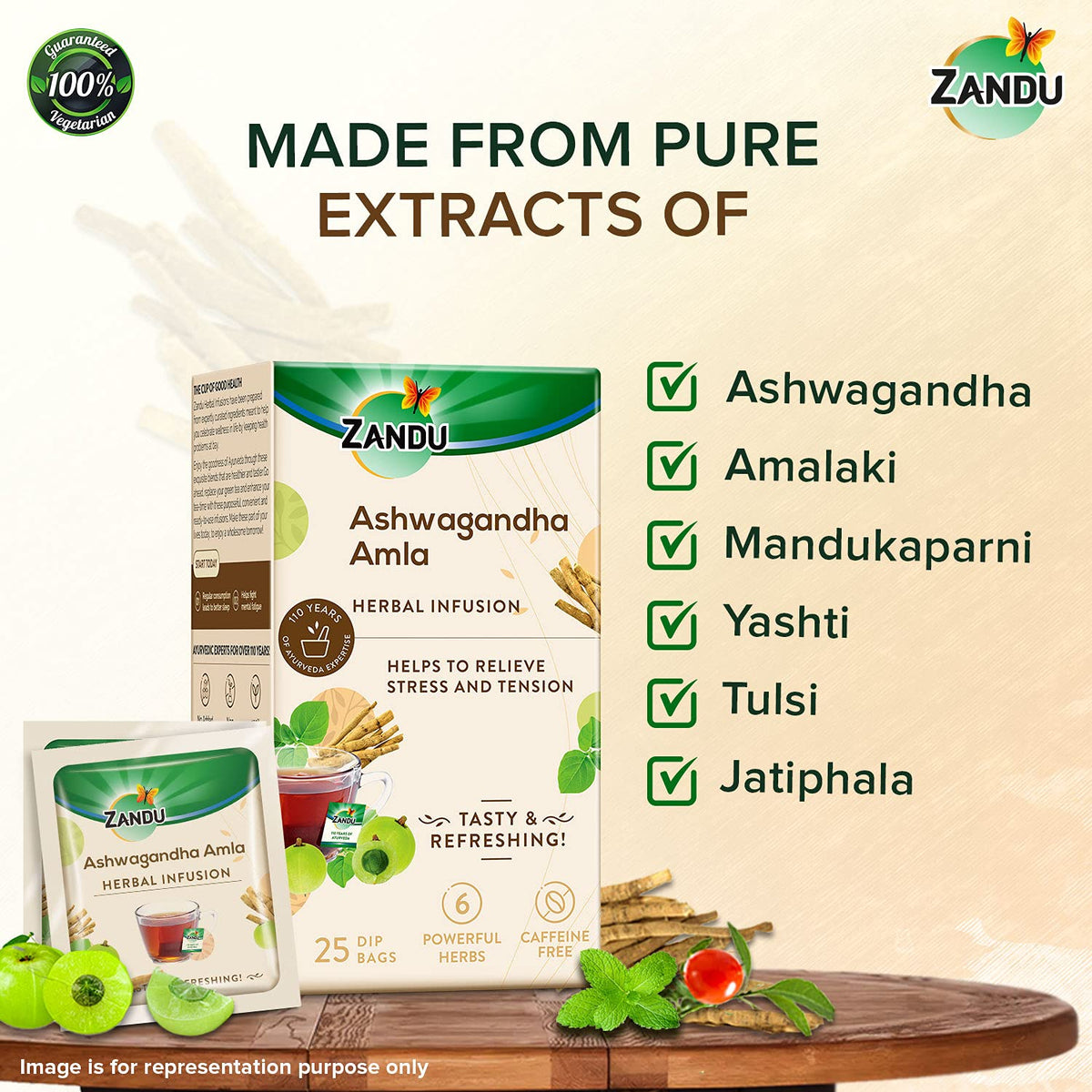 Zandu Ashwagandha Amla Ayurvedic Infusion, a Herbal Tea Enriched with 6 Ayurvedic Ingredients (25 Tea Bags)