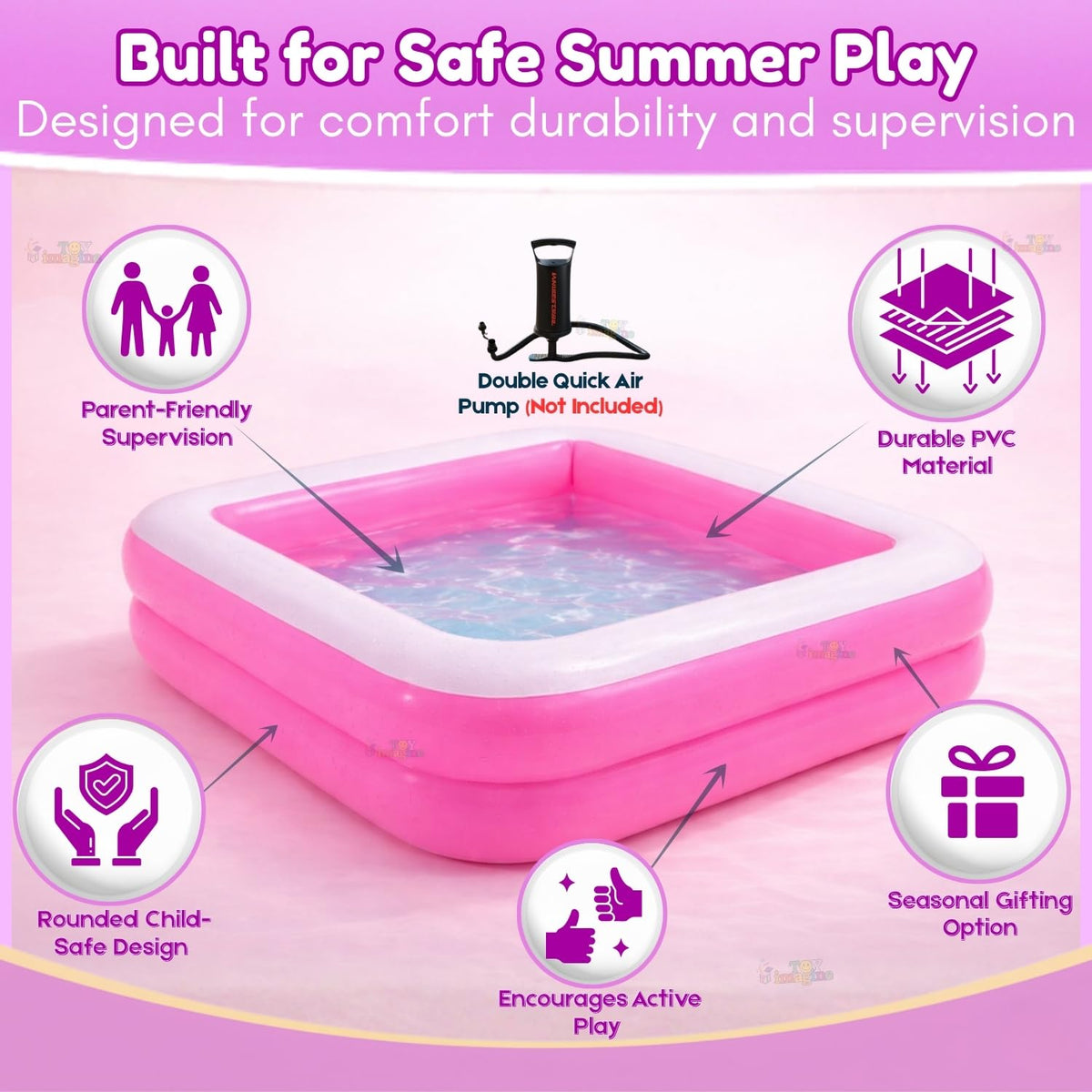 Toy Imagine 3 ft Square Inflatable Pool for Kids – Swimming Bathtub for Toddlers (0–5 Years) | Outdoor Garden Summer Play Pool(Pink)