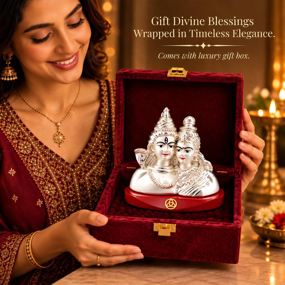 DIVINITI 999 Silver-Plated Shiv Parvati Idol | Shiva Parvati Murti for Home, Office & Pooja Mandir | Wedding, Diwali & Housewarming Gift with Premium Gift Box | 7.5 x 6 CM
